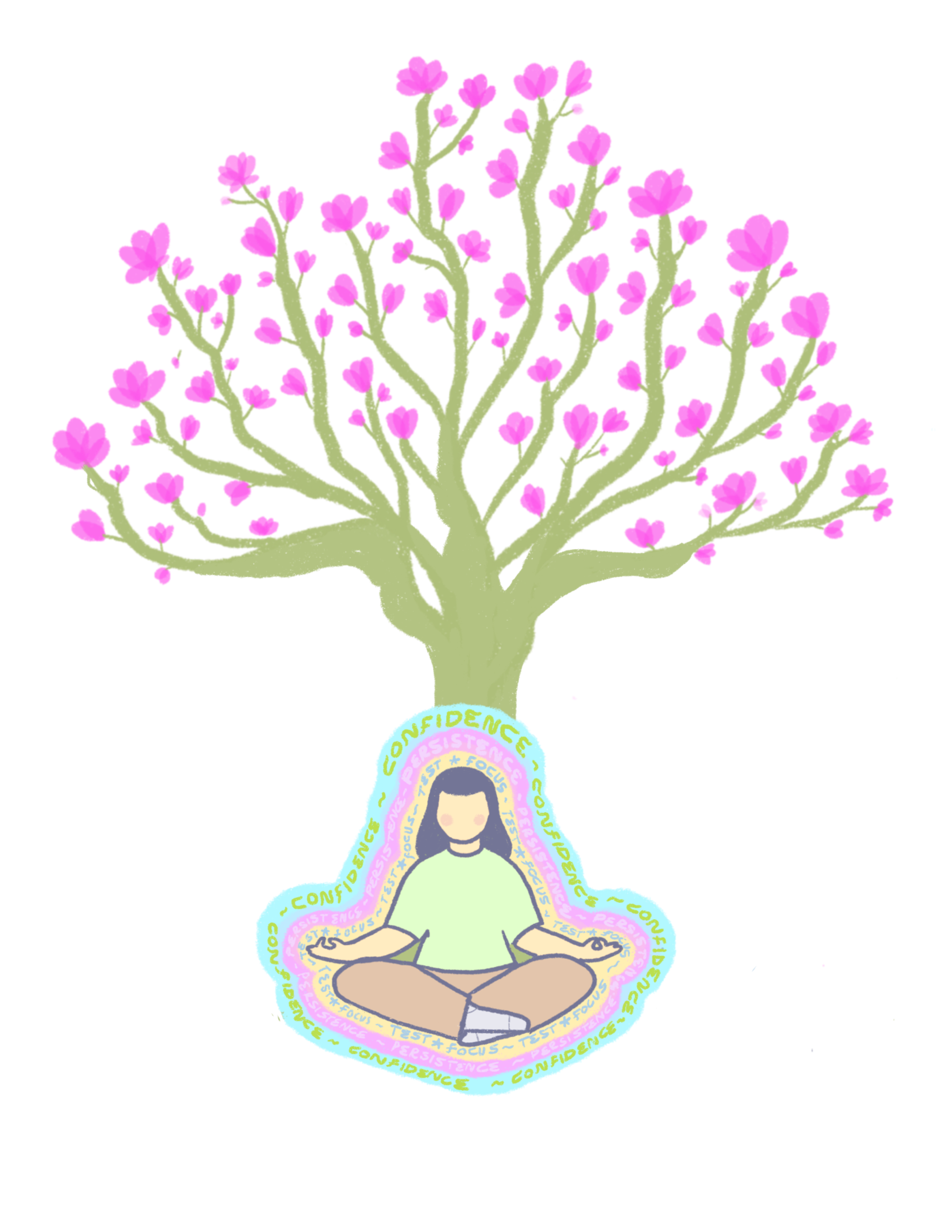Student meditating under a magnolia tree