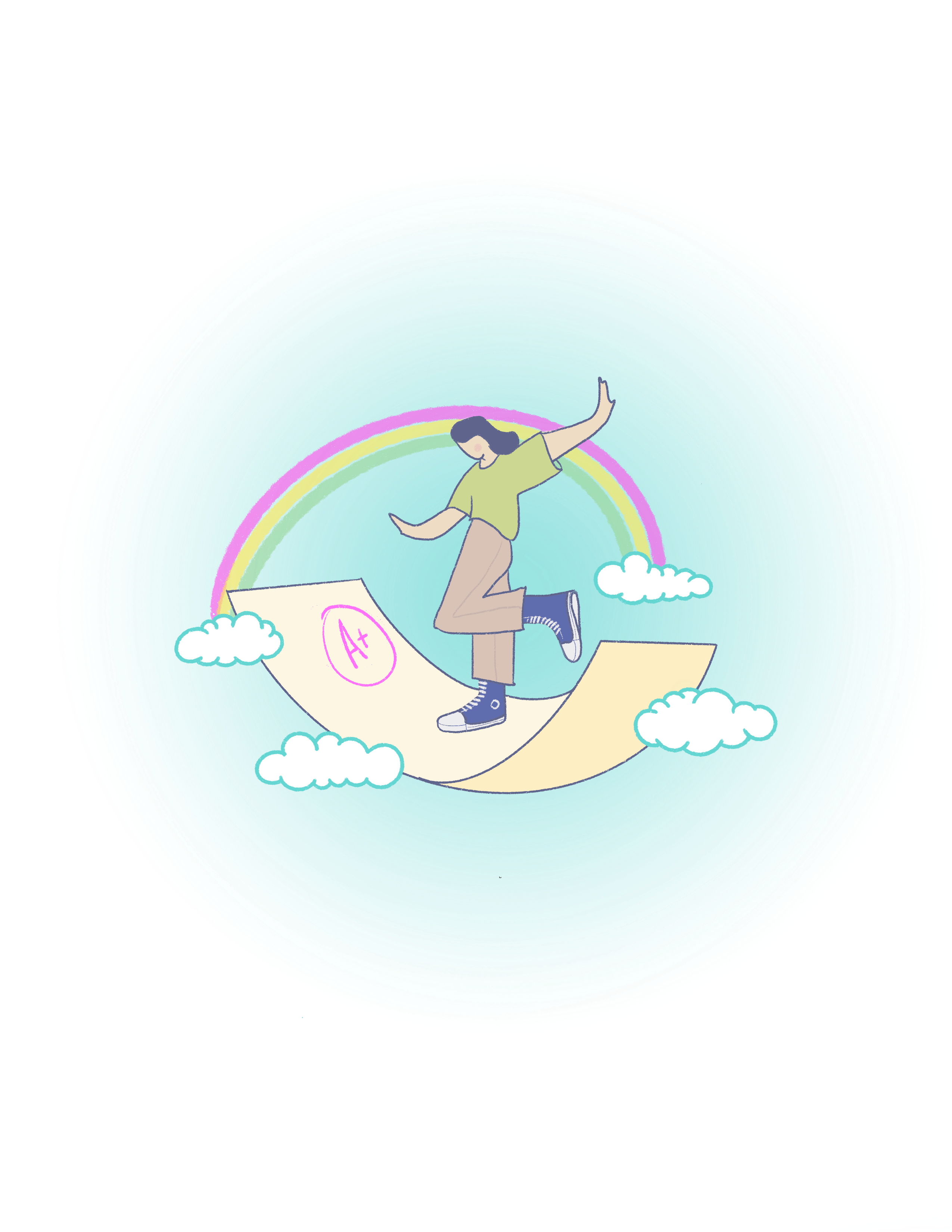 Student surfing on an A+ paper through clouds