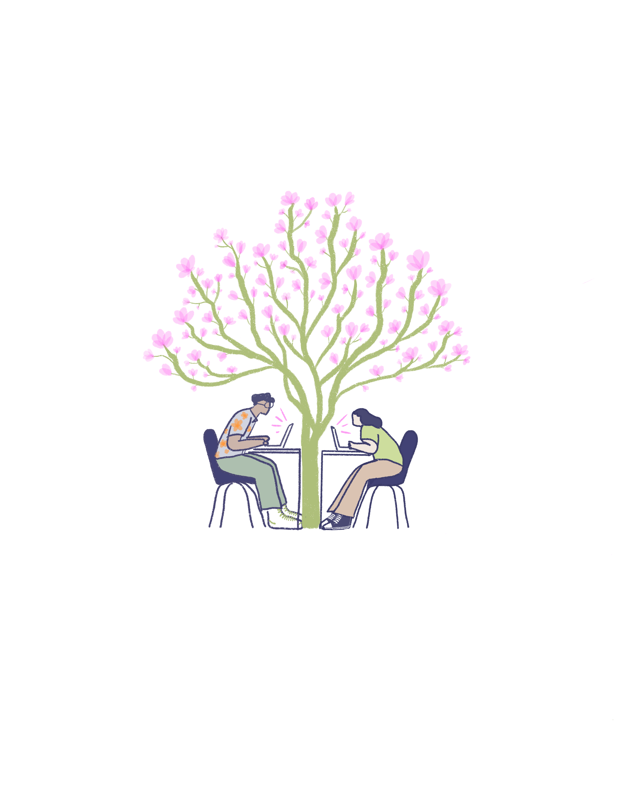 Two students studying under a magnolia tree